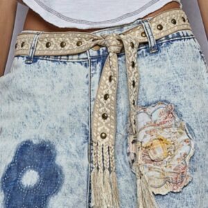 Boho Beige and White Studded Tie Belt